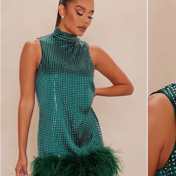 Fashion Nova Luxe Rhinestoned Green Feathered Dress - Picture 2 of 4